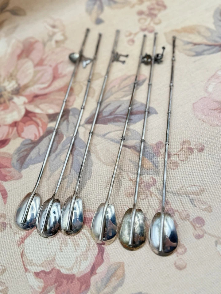 Juego de 6 cucharas japonesas para beber té helado plata de ley 950 marcadas Foto 3 de 4