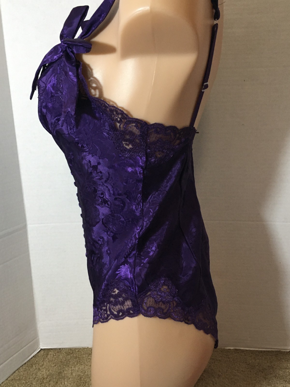 Vtg VICTORIA'S SECRET TEDDY Bodysuit Gold Label BOWS Jacquard Satin Lace Zips