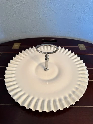 Vintage Fenton milk glass serving platter with silver plated handle 1960's