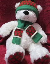 Hugfun 18" White Teddy Bear w/ Red Green Scarf Hat Paws Xmas Winter plush NWOT