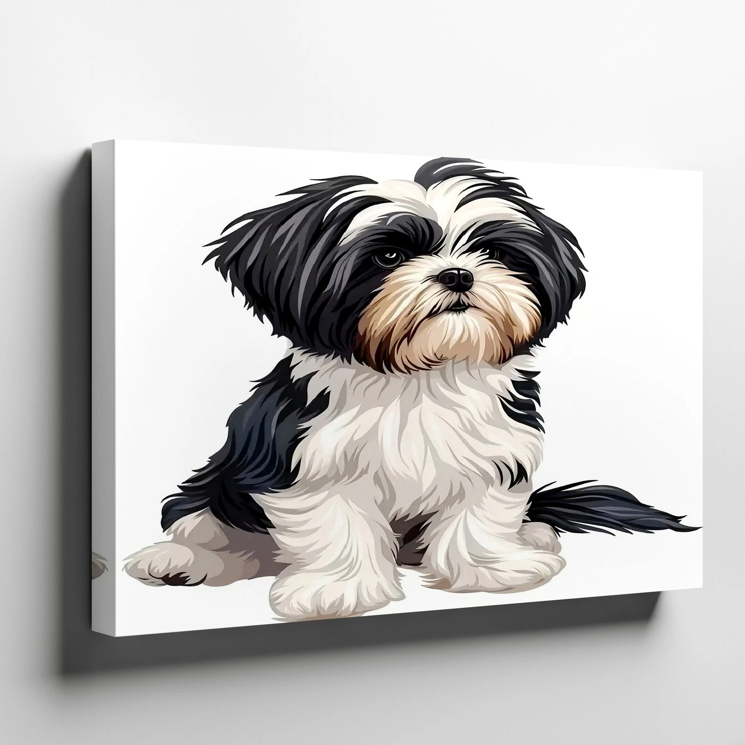 Adorable Shih Tzu Puppy Black and White Digital Art Canvas Wall Decor Print