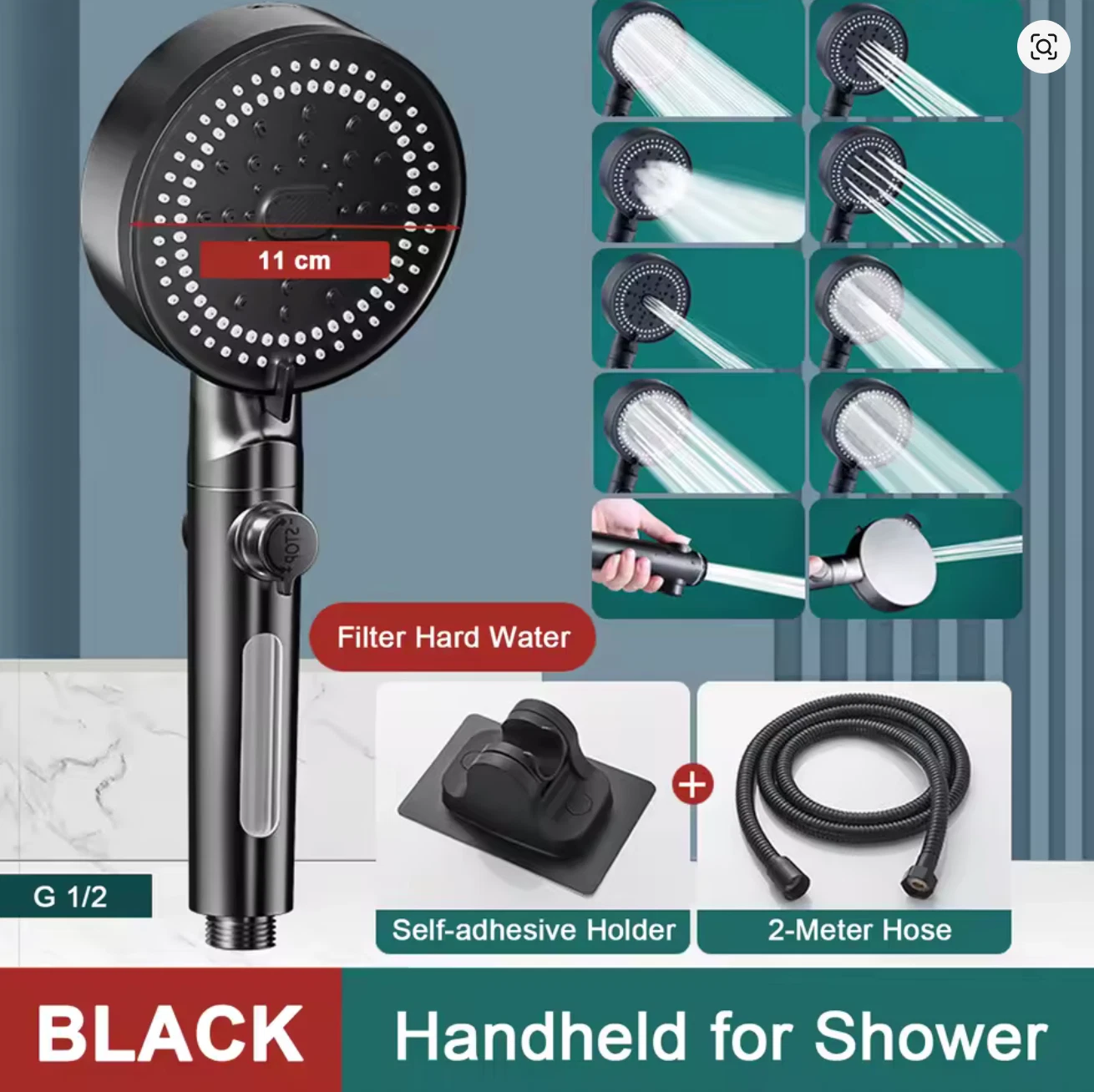 10 Modes Bathroom Shower Head Handheld High-Pressure Water Saver Showerhead Port
