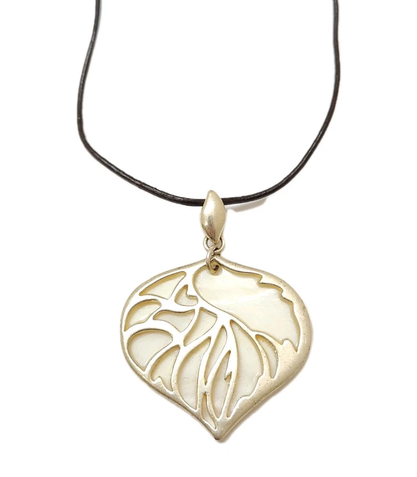 FOSSIL Mother of Pearl Abalone Ornate Filigree Pendant 16-18 Black Cord Necklace - Image 2 of 4