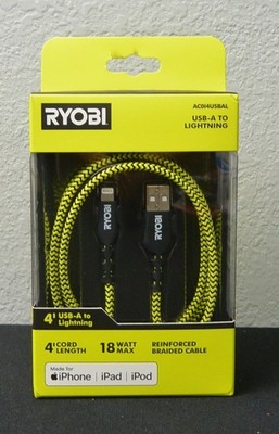 New Ryobi USB-A to Lightning MFi-Certified 4ft Charging Cord D2