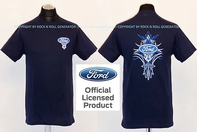 FORD V8 T-SHIRT - Pinstripe Licensed Product  Hot Rod Mustang F150 USA blau navy - Bild 1 von 2