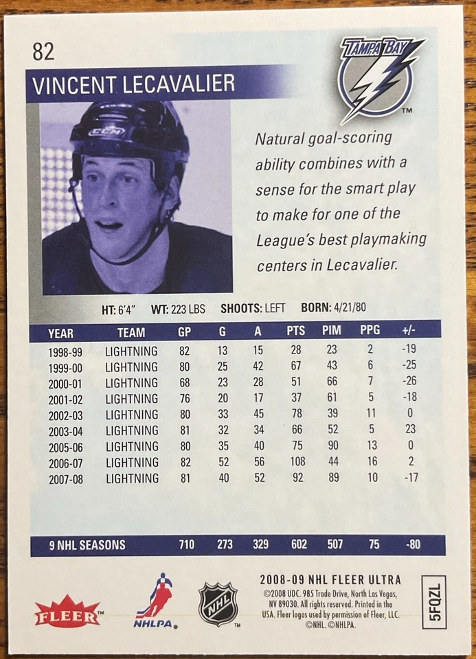2008-09 Fleer Ultra Gold Medallion Vincent Lecavalier #82 Tampa Bay Lightning - Image 2 of 2