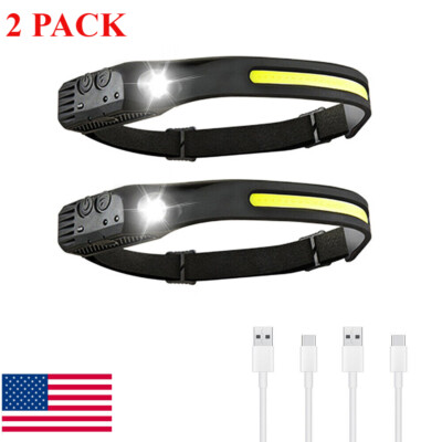2 PC COB LED Headlamp Headlight Torch Work Light Bar Head Band Lamp USB Charging