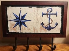 Nautical Framed Slate Tile Compass Anchor Wall Mounted Key Holder Hooks