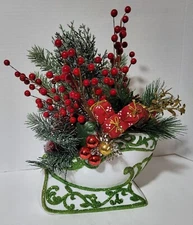 Centerpiece, Christmas Design, Sleigh, Ceramic, White And Green