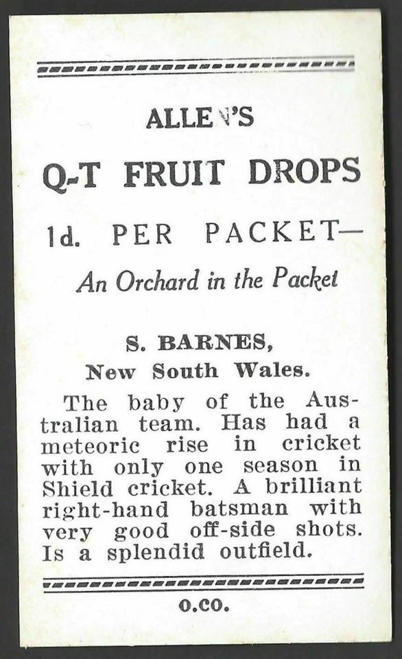 ALLEN - CRICKETERS (COLOURED) - #13 S BARNES, NEW SOUTH WALES - Image 2 of 2