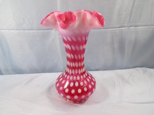 Vintage Fenton Cranberry Opalescent Glass POLKA DOT Vase 7 3/4" Tall INV2