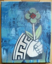 CONTEMPORARY JAPANESE STREET ART MIXED MEDIA STENCIL OIL PTG, SIGNED MODERN ART