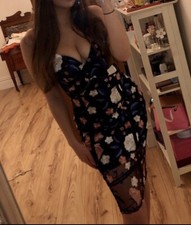 Size 6 Missguided Black embroidered floral midi bodycon dress