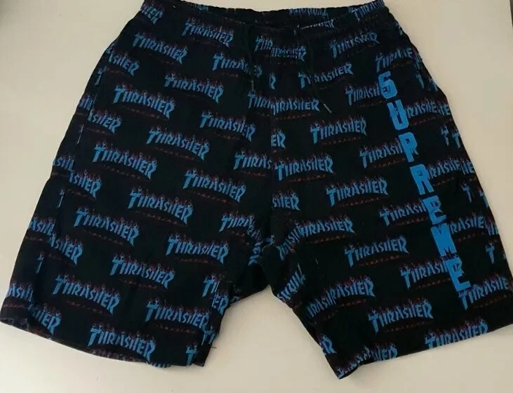 SS15 Supreme X Thrasher Pantaloni Corti Taglia S Neri A Fiamma Rari
