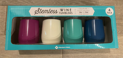 Members Mark 12oz 4pk New In Box Wine Tumblers & Lids, Discontinued Color Way