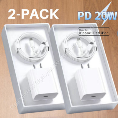 2 PACK 20W For iPhone XR/11/12/13/14 USB-C Fast Charger PD Charger Adapter Cable