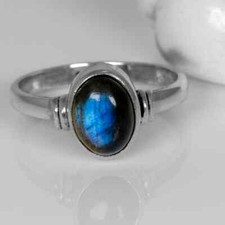 Solid 925 Sterling Silver Natural Blue Oval Labradorite Ring Gift For Her R 13
