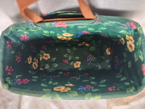 Longaberger Hanging Basket w/ Green Floral Fabric & Plastic Liner Leather Handle - Picture 2 of 10