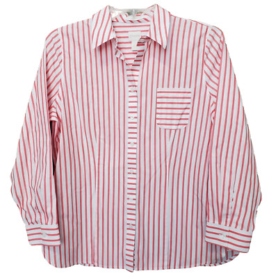 Chico's No-Iron Effortless Caroline Pink Striped Roll-Tab Slv Pocket Button-Up L