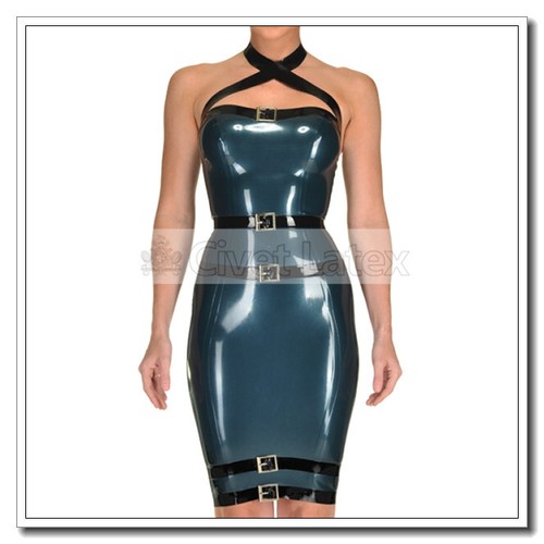 Latex Pencil Dress Cross Neck Straps Buckles Deco Back Zip Customized 0.4mm D80