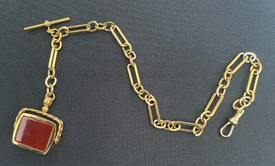 einzelne Albert Posaunenglied vergoldet Taschenuhrkette Anhänger quadratischer Stein rot