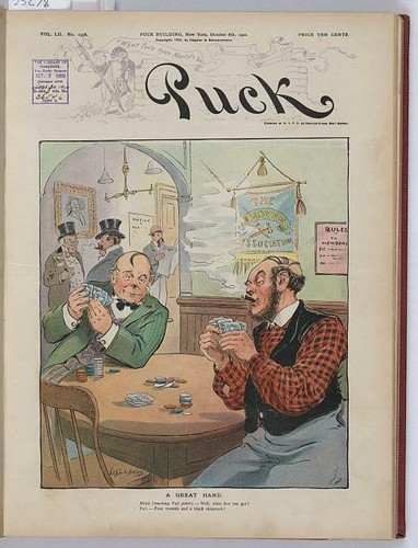 Great hand,Irish men,playing poker,social club,Puck,magazine cover,Gallaway,1902