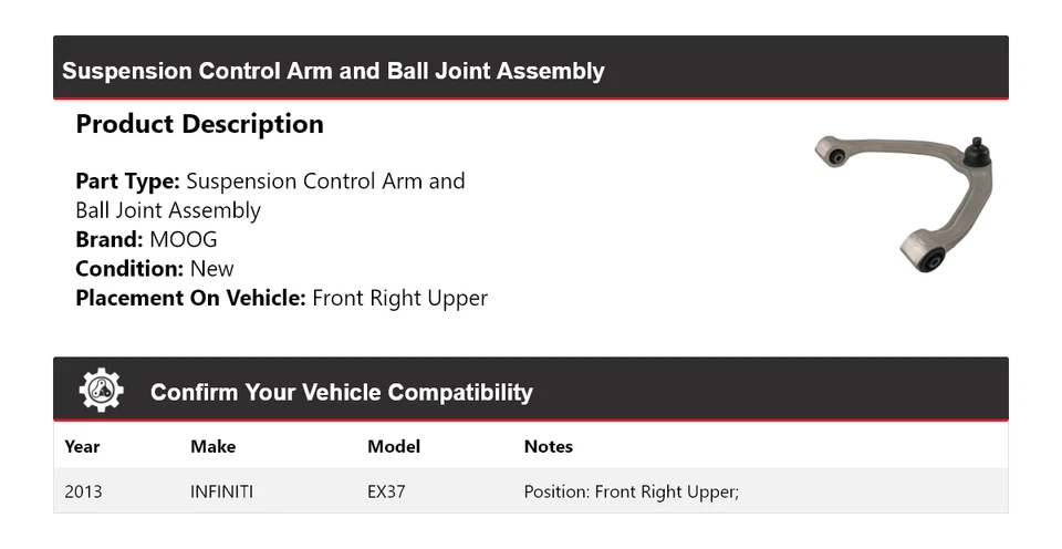 Conjunto de rótula de brazo de control delantero derecho superior MOOG para Infiniti Ex37 2013 Foto 2 de 4