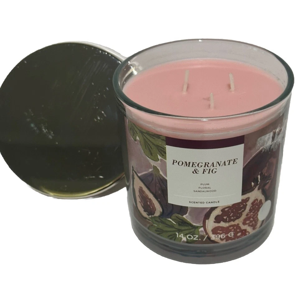 全新 HTF POMEGRANATE & FIG 14 盎司 3 芯香氛蜡烛梅、花卉和檀香木 — 第 2/4 张图片