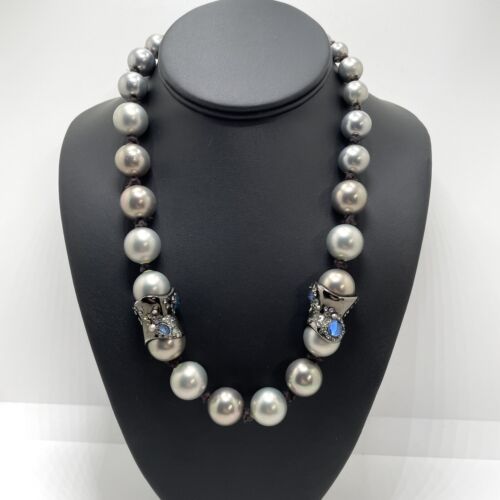 Vintage Gray Rhinestone Blue Beaded Necklace Glam… - image 1