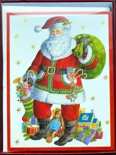 Box of 16 Caspari Christmas Cards Santa Claus With Sack Of Toys Large &Envelopes