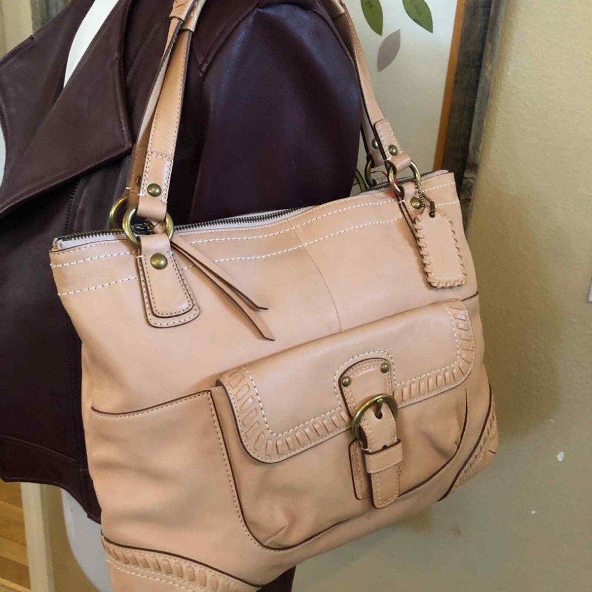 Coach Poppy Whipstitch Natural Leather Brass Glam Tote XL Purse | eBay