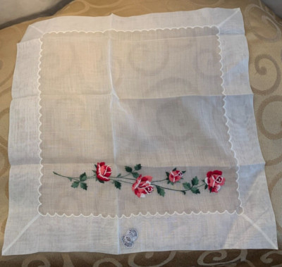 Desco White Rose Embroidered Swiss Handkerchief 15 inches New with Tag Lovely