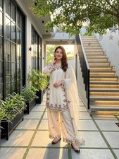 Latest New Off White Roman Glass Kurta Palazzo With Dupatta For Function Wear