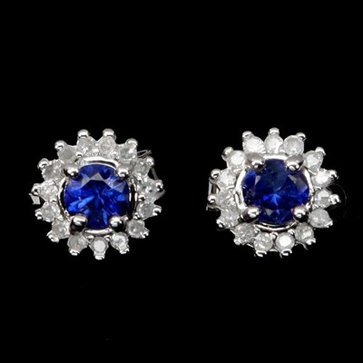 925 Sterling Silver Earrings Round Blue Sapphire 3mm Diamond 30pcs Gemstone