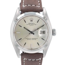 Rolex Date 1500 34mm Silver Index Dial Smooth Bezel Brown Leather Band Watch