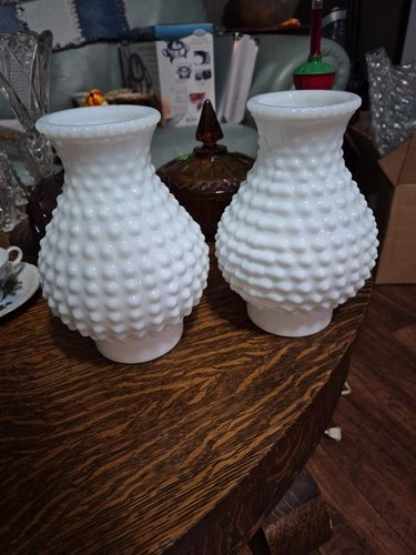 2 Antique - Vintage White Hobnail Opaque Milk Glass Oil Lamp Shade Chimney