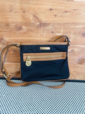 Michael Kors Kempton Black Nylon British Tan Leather Pocket Crossbody Bag 