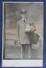 RPPC Occupational Mail Carrier Studio Portrait Uniform Hat Badge 1910s Postcard