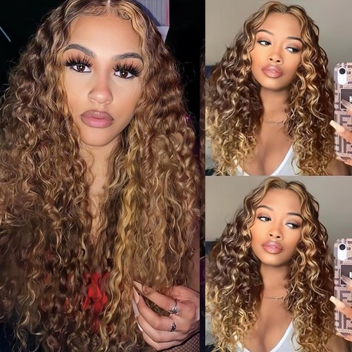 4/27 Deep Wave Human Hair Wig, Highlight Ombre 13x4 Transparent Lace Front Wi... - Bild 6 von 6