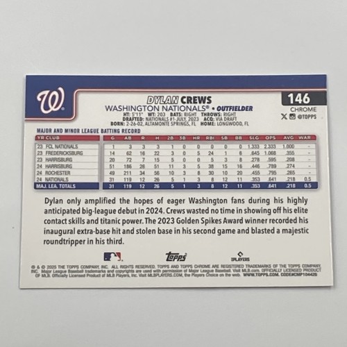Dylan Crews 2025 Topps Chrome Baseball #146 Rookie X-Fractor Parallel (RC) - Picture 4 of 5