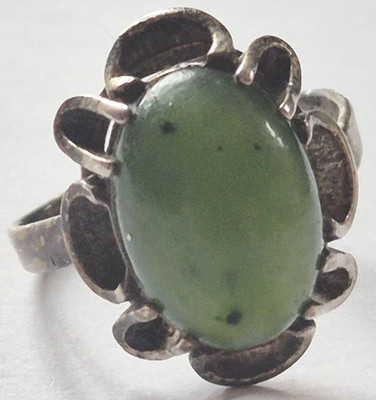 F0004 - Antiker 835er Silber Ring - Jade - Fischland - Art Deco Schmuck - 4,08 g
