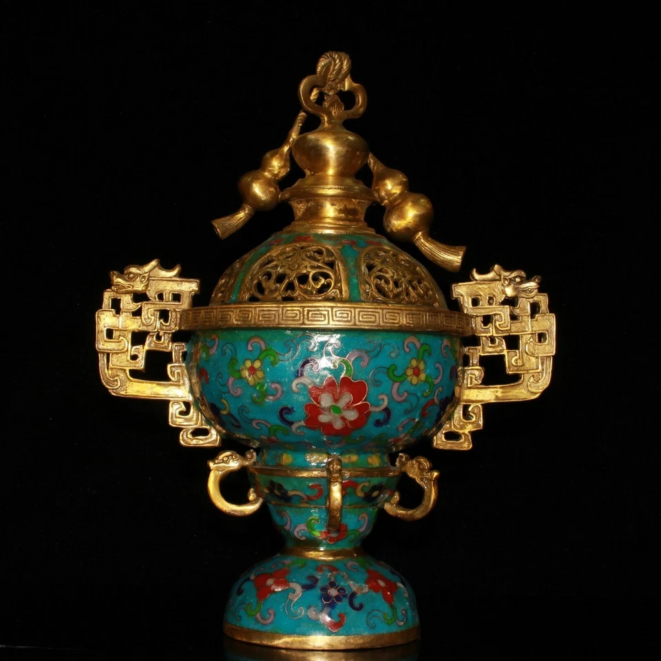 Quemador de incienso calabaza azul Cloisonne de latón antiguo de China de 11,2" Foto 2 de 4