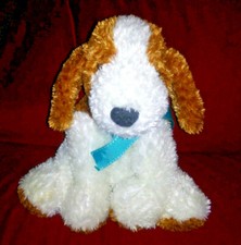 Mary Meyer Brown White Puppy Dog Soft 12" Plush Aqua Blue Grosgrain Bow No Tag