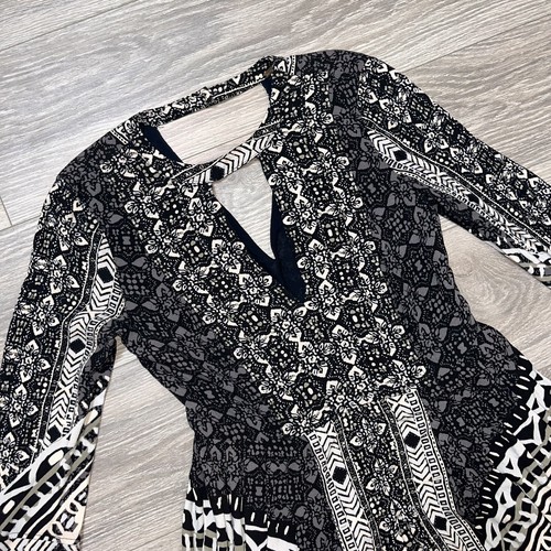 Free People Mini Dress Black Tegan Border Print Rayon Swing Dress Boho sz 0 - Picture 11 of 22