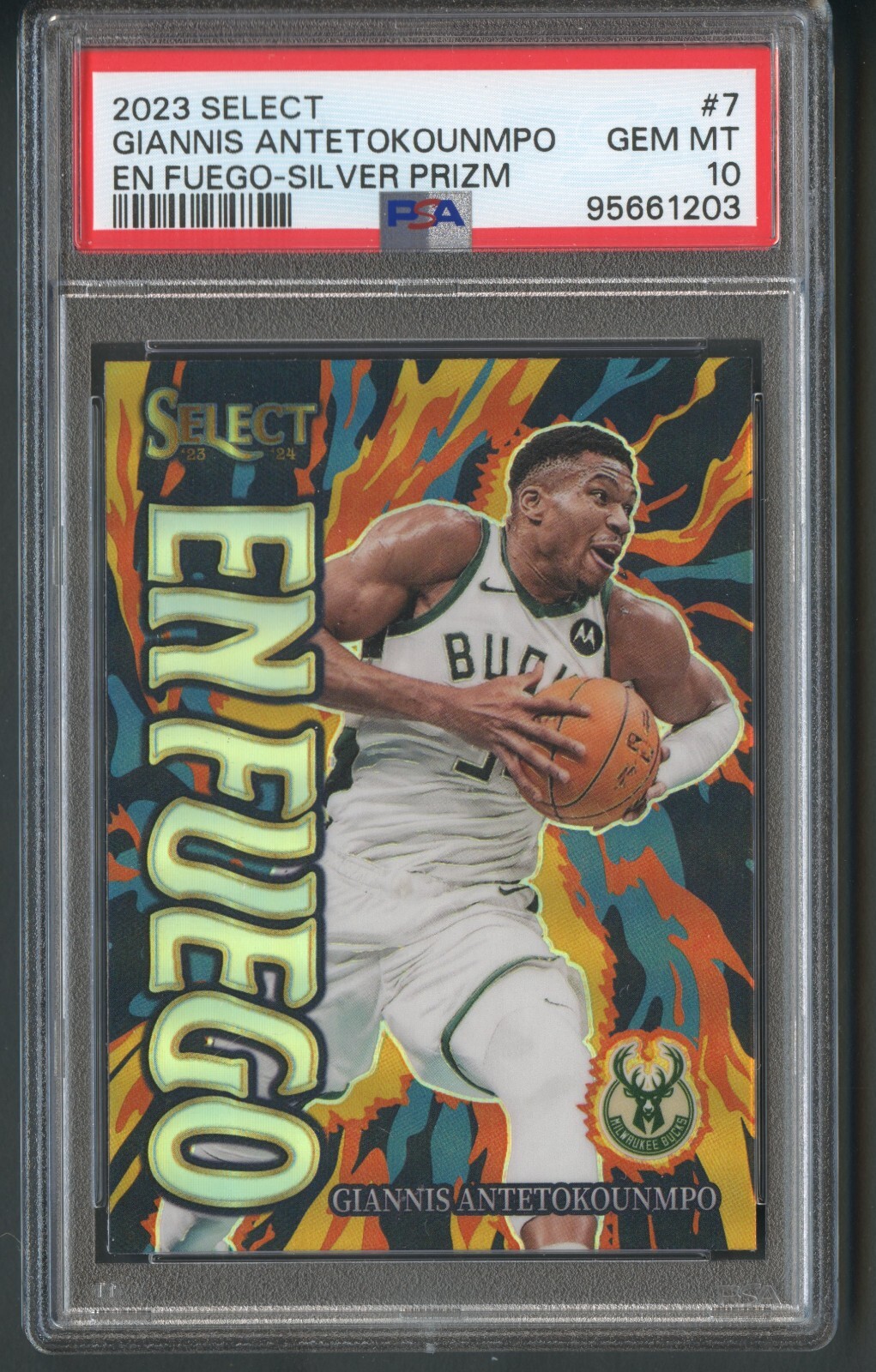 PSA 10 Giannis Antetokounmpo EN FUEGO Silver Prizm 2023-24 Panini Select GEM SSP