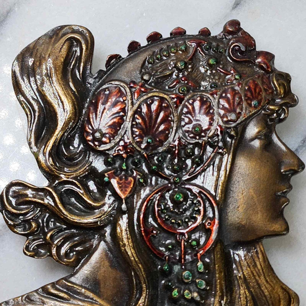 Vintage 1970s Alphonse Mucha Bergamot Brass Works Gypsy Boho Belt Buckle Vintage 1970s Alphonse Mucha Bergamot Brass Works Gypsy Boho  main image 2