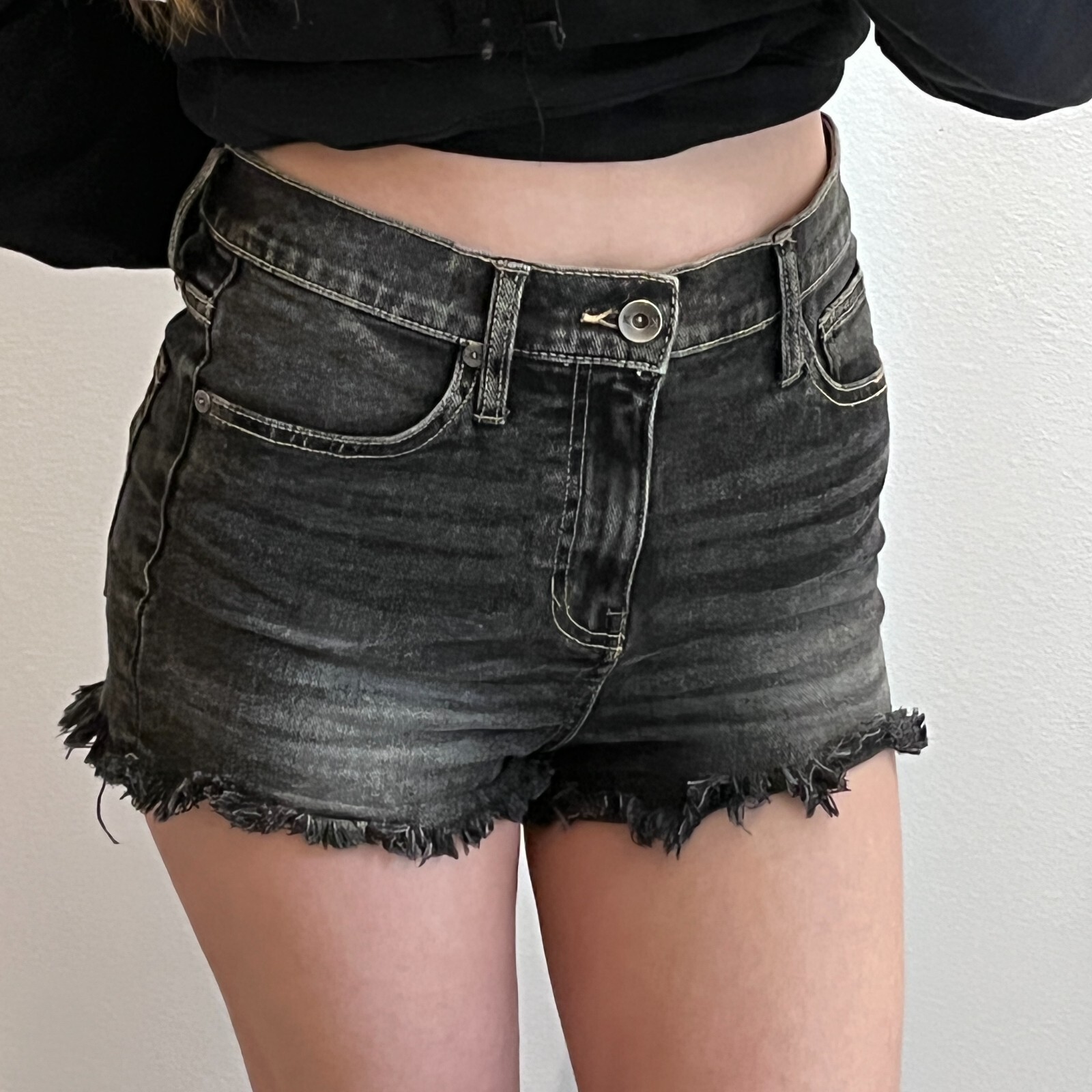 Kendall u0026 Kylie The Drifter High Rise Jean Shorts Black Fringe 27 High  Waist | eBay