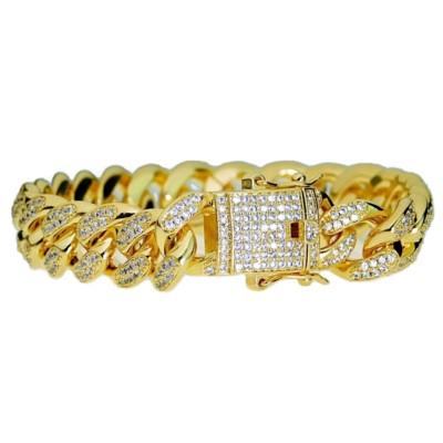 KRKC&CO 12mm Iced Out Cuban Link Bracelet - 18K/14K Gold Plated Men's Hip Hop Bling