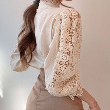 WOWENY Maglietta Donna A Collo Alto Con Pizzo | Maniche Lunghe, Elastica, Aderente, Top Elegante - Tinta Unita