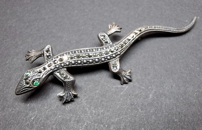 Antike alte 835ér Silber Brosche Salamander Eidechse Markasit (S312a)